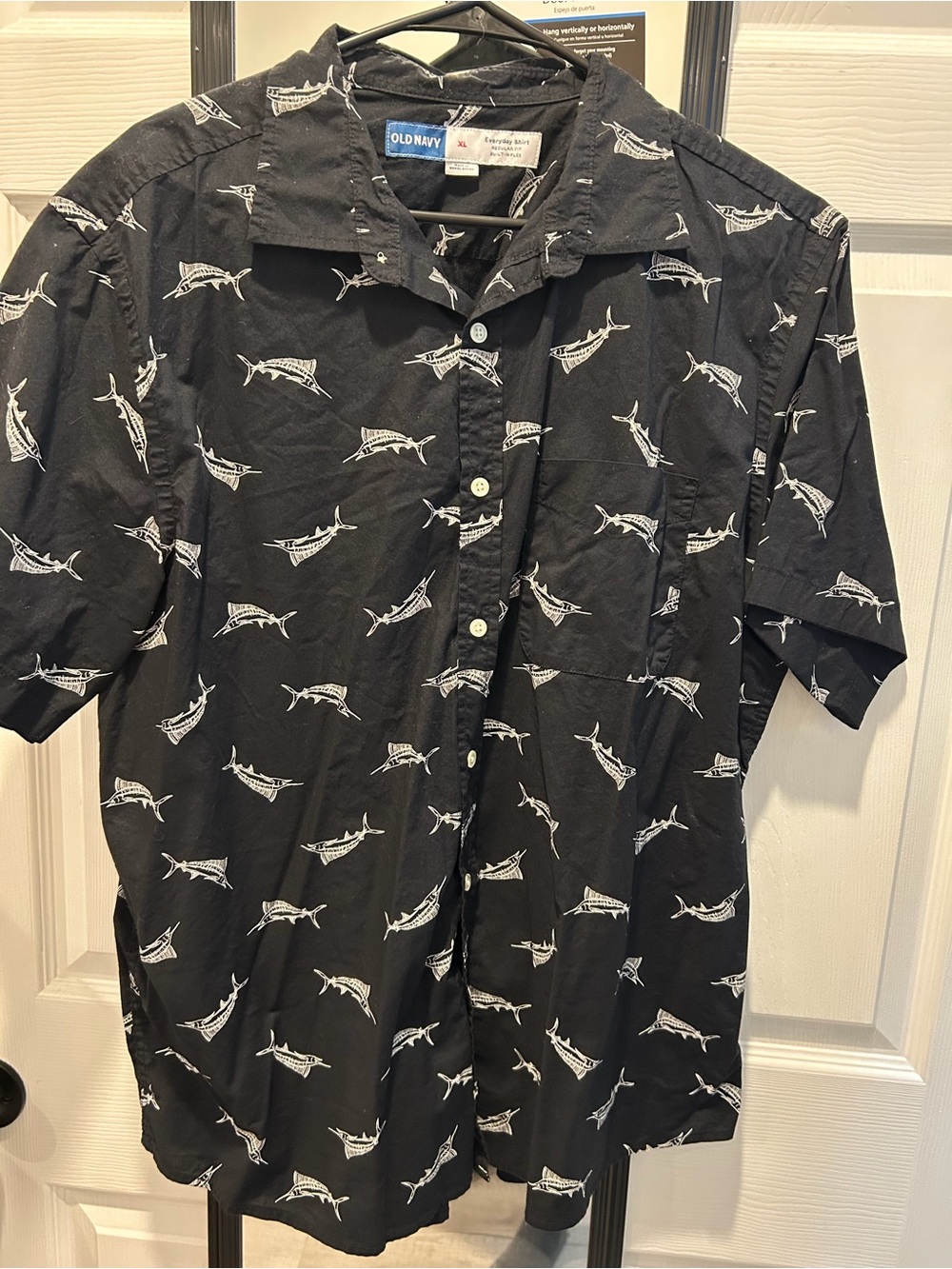 Old Navy Black Short-Sleeve Button-Down Shirt with White Marlin Print